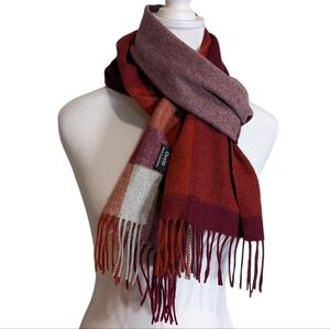 Ovcio 100% Cashmere Dark Red and Orange Scarf Plaid Fringe Soft Luxury Wrap